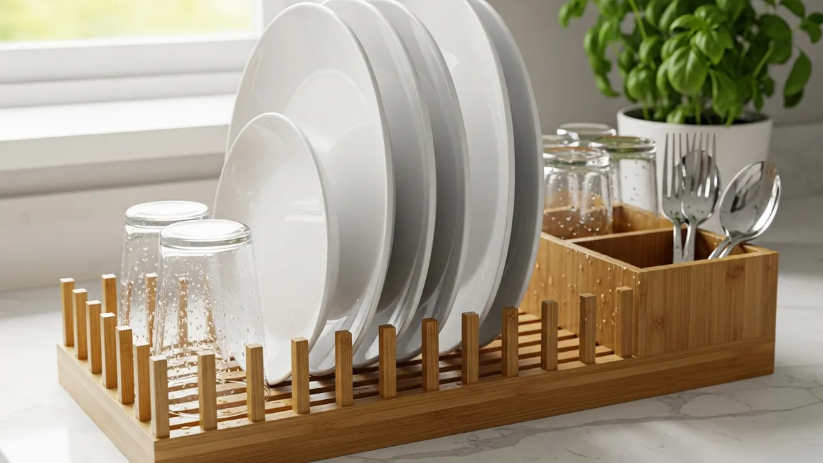 Bamboo dish rack showcasing sustainable wood material and natural texture