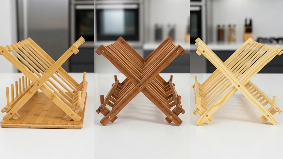Comparison of different wooden dish rack types showing variety of wood materials