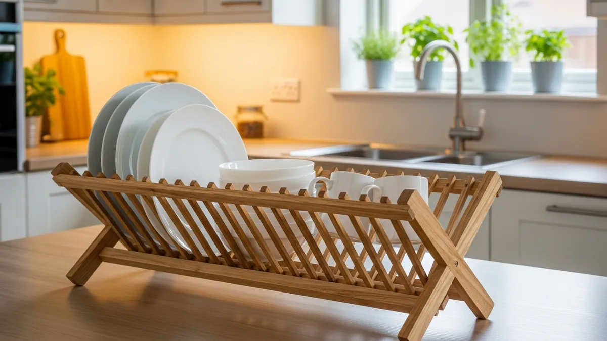 Wooden dish rack with natural wood finish displaying clean dishes in modern kitchen