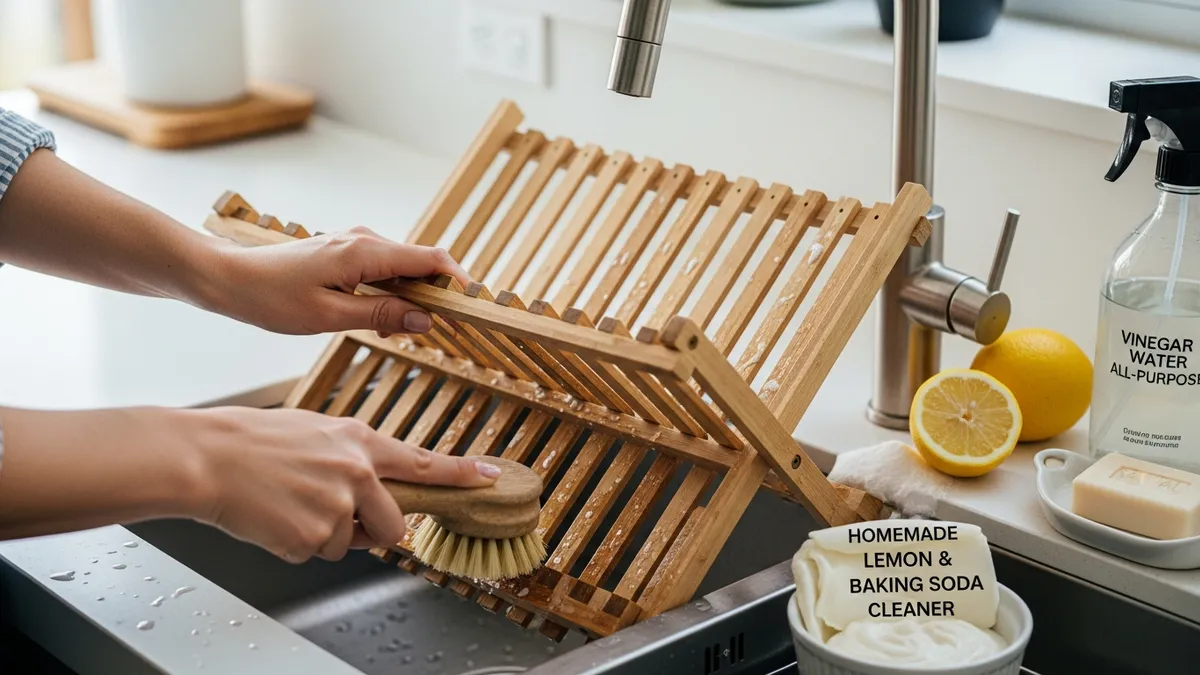 Proper maintenance of wooden dish rack using natural cleaning methods