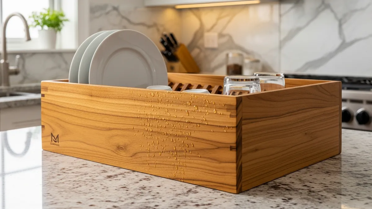 Teak wooden dish rack displaying premium quality and water-resistant properties