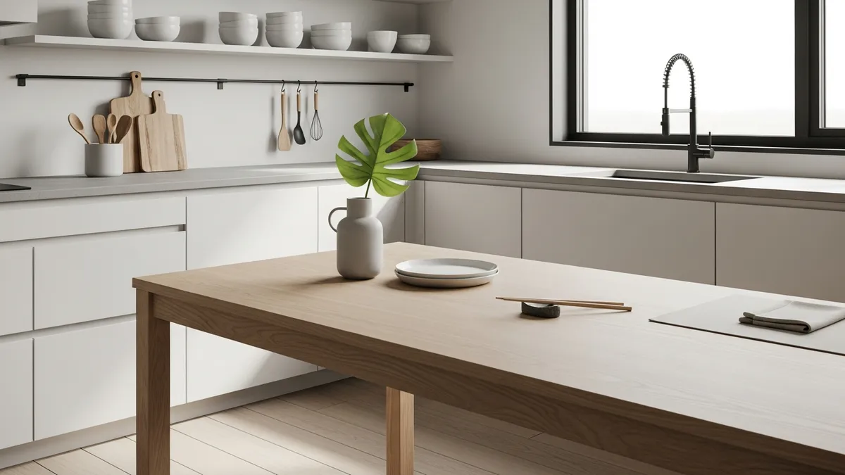 Scandinavian style wooden kitchen table with minimalist organization and storage