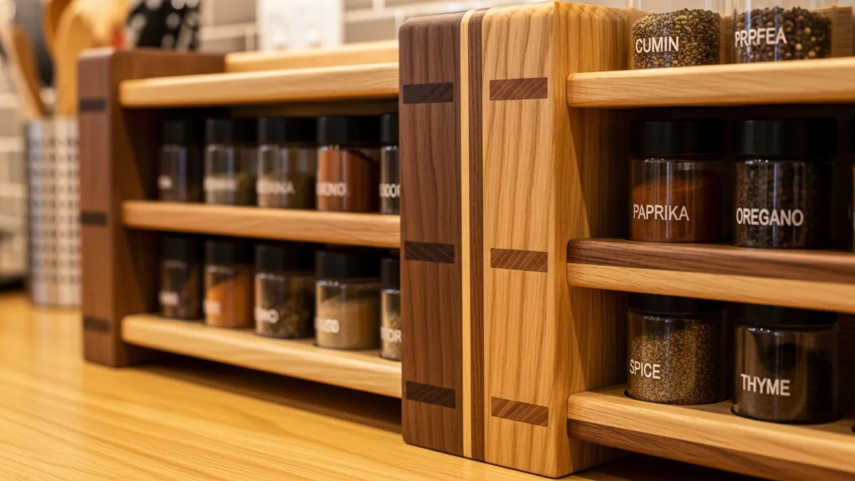 High-quality wooden kitchen spice rack showing natural wood grain and craftsmanship details