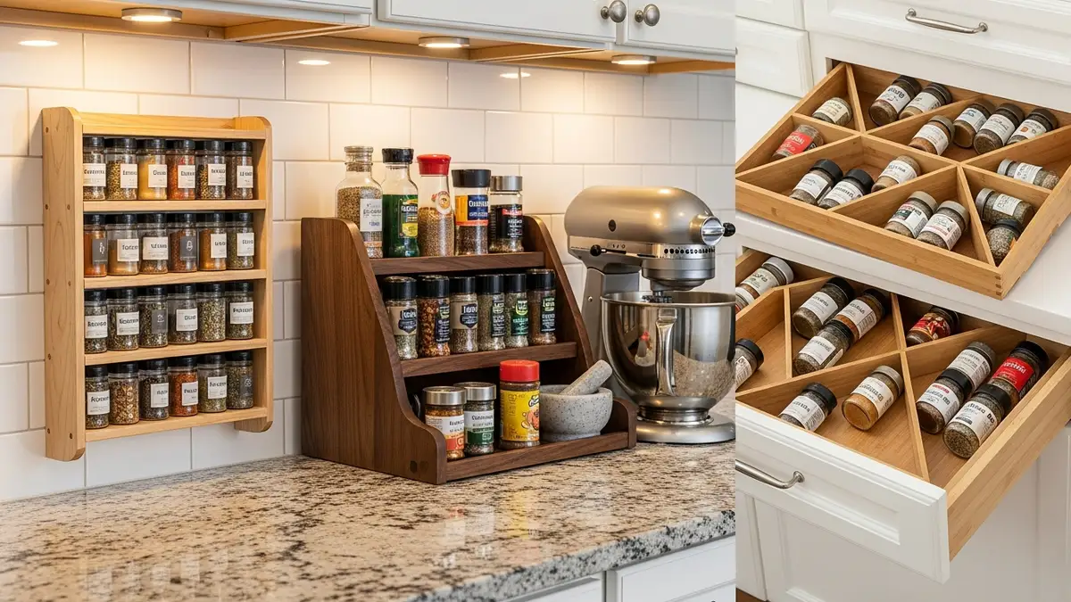 Different types of wooden spice racks for kitchen including wall-mounted and countertop styles