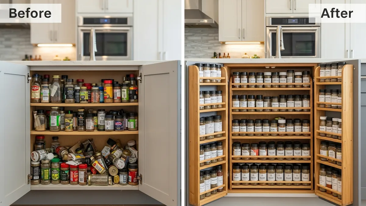 Kitchen transformation with wooden spice rack organization system showing before and after results