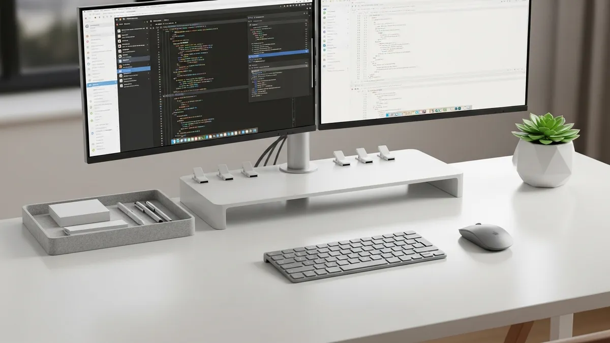 Minimalist work from home desk setup with dual monitors and desk organizer tray