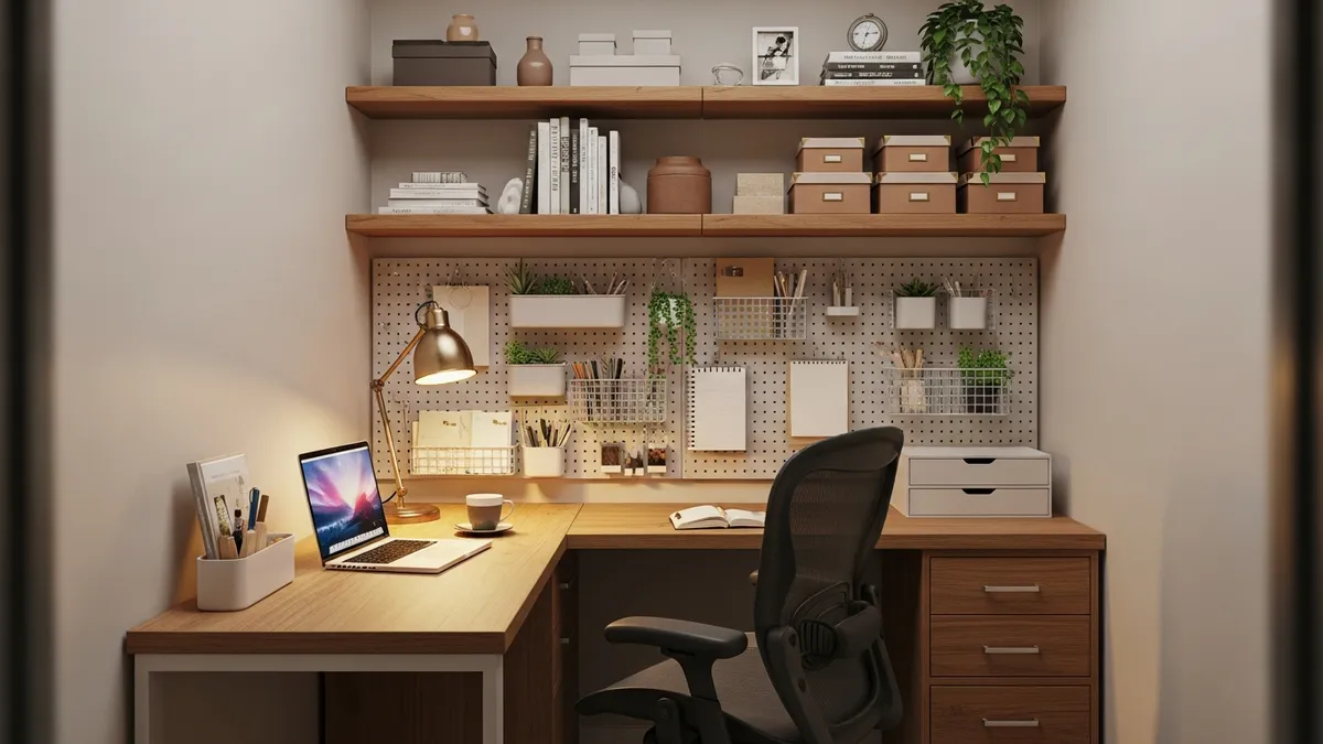 Small corner work from home desk setup with pegboard wall organizer and L-shaped desk