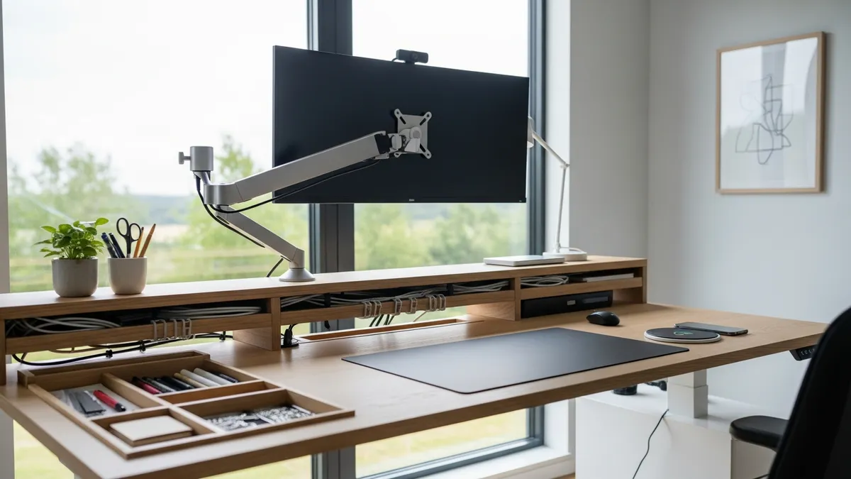 Standing desk work from home setup with monitor arm and wireless charging in home office