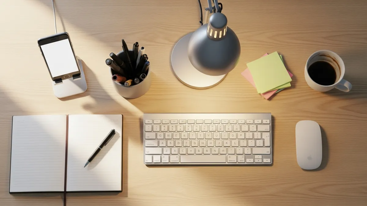 Overhead view of organized work from home desk setup essentials and accessories