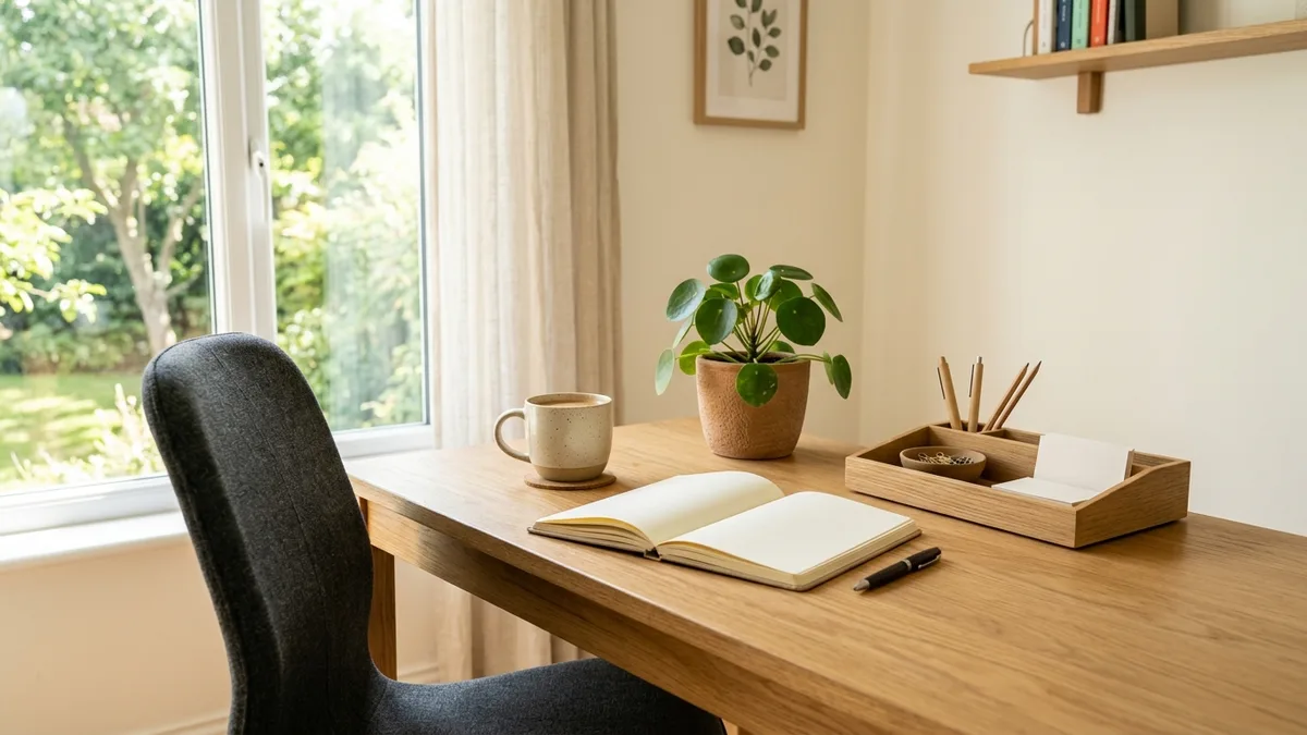 Bright and organized home office desk with wooden surface, ergonomic chair, desk organizer tray, and a small potted plant near a sunlit window
