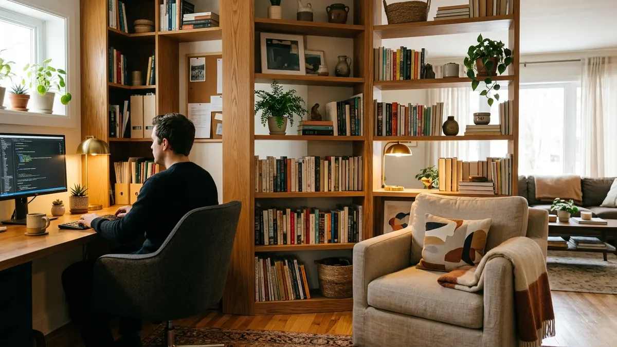 A tall open bookshelf acting as a room divider between a home office corner and a living area, with warm ambient lighting