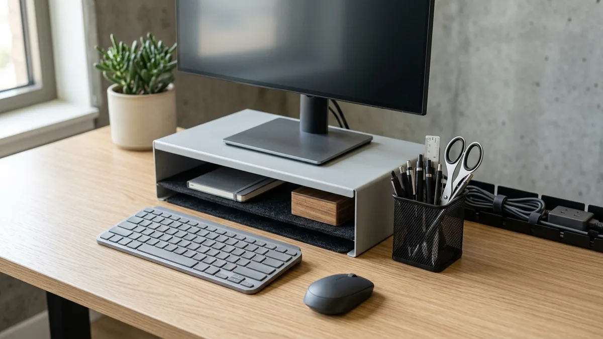 Close-up of an organized home office desk with cable management tray, mesh pen organizer, monitor riser, and wireless keyboard in neutral tones
