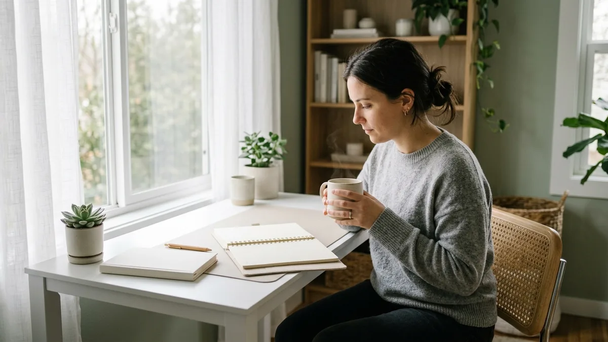 Person in casual attire sitting at a tidy home office desk reviewing a paper planner with a coffee mug during morning routine