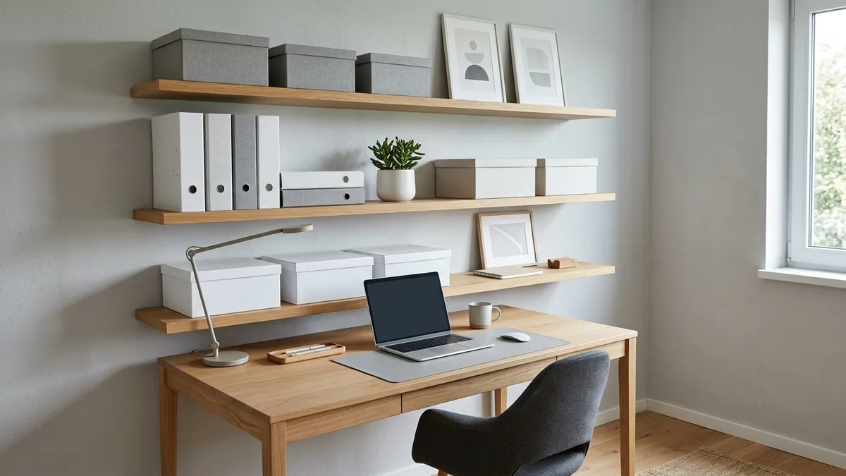 Home office wall with floating shelves holding labeled storage boxes, binders, and a small plant above a clutter-free minimalist desk