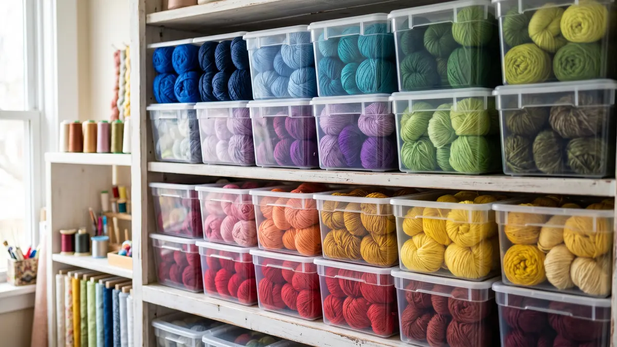 Clear stackable bins holding color-sorted yarn skeins on a craft room shelf