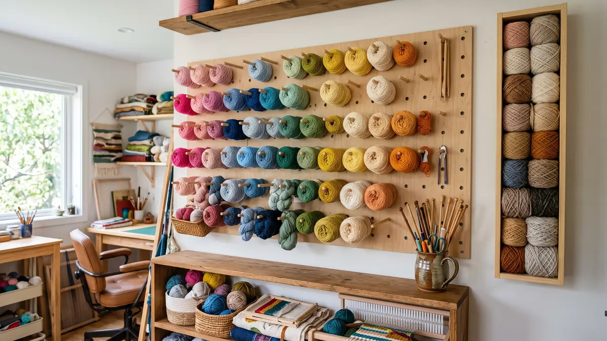 Craft room pegboard wall with hanging yarn balls and a slim vertical rack of skeins, freeing up floor space